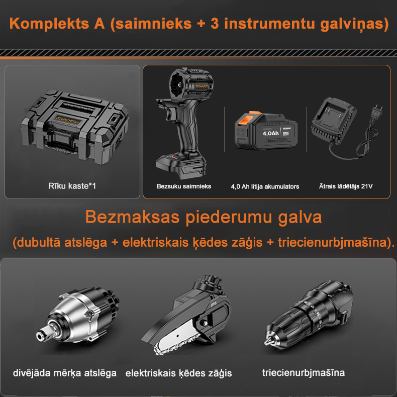 Komplekts A (bezsuku resursdators + 4,0 Ah akumulators + 21 V lādētājs + 3 instrumentu galviņas + instrumentu kaste)