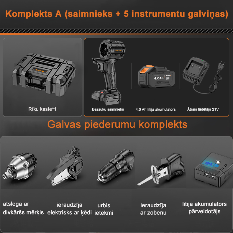 A+ komplekts (brushless Host + 4,0Ah akumulators + 21V lādētājs + 5 instrumentu galviņas + instrumentu kaste)