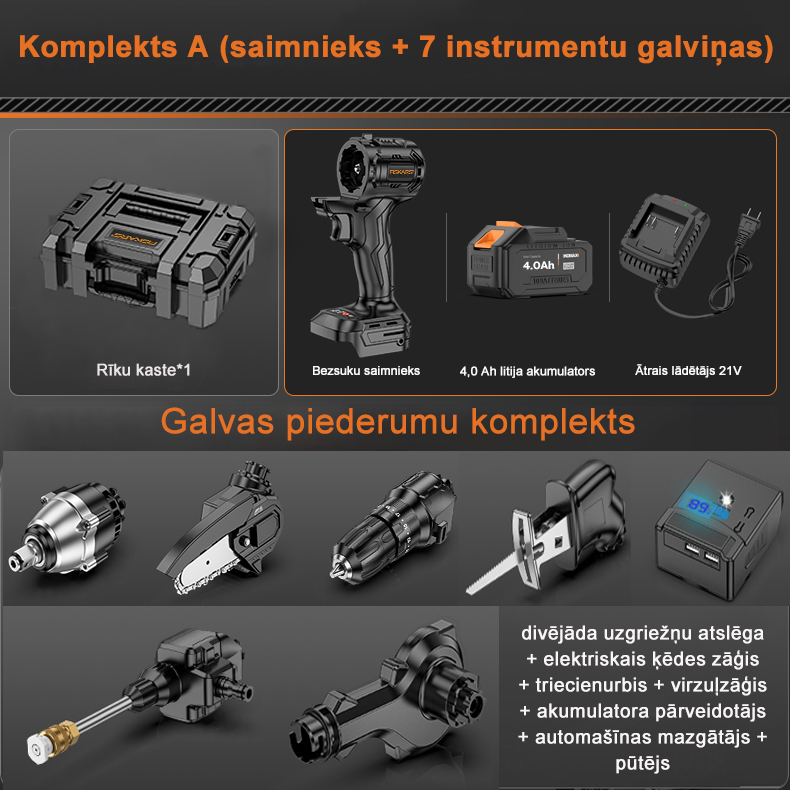 Komplekts A++ (bezsuku resursdators + 4,0 Ah akumulators + 21 V lādētājs + 7 instrumentu galviņas + instrumentu kaste)