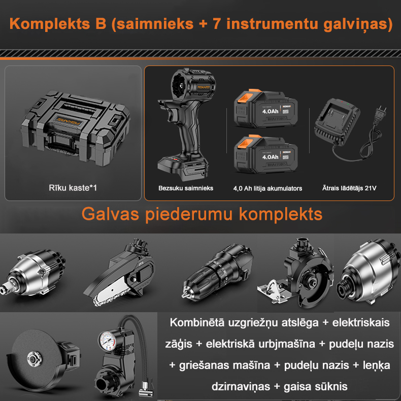 Komplekts B (bezsuku resursdators + 4,0 Ah akumulators * 2 + 21 V lādētājs + 7 instrumentu galviņas + instrumentu kaste)